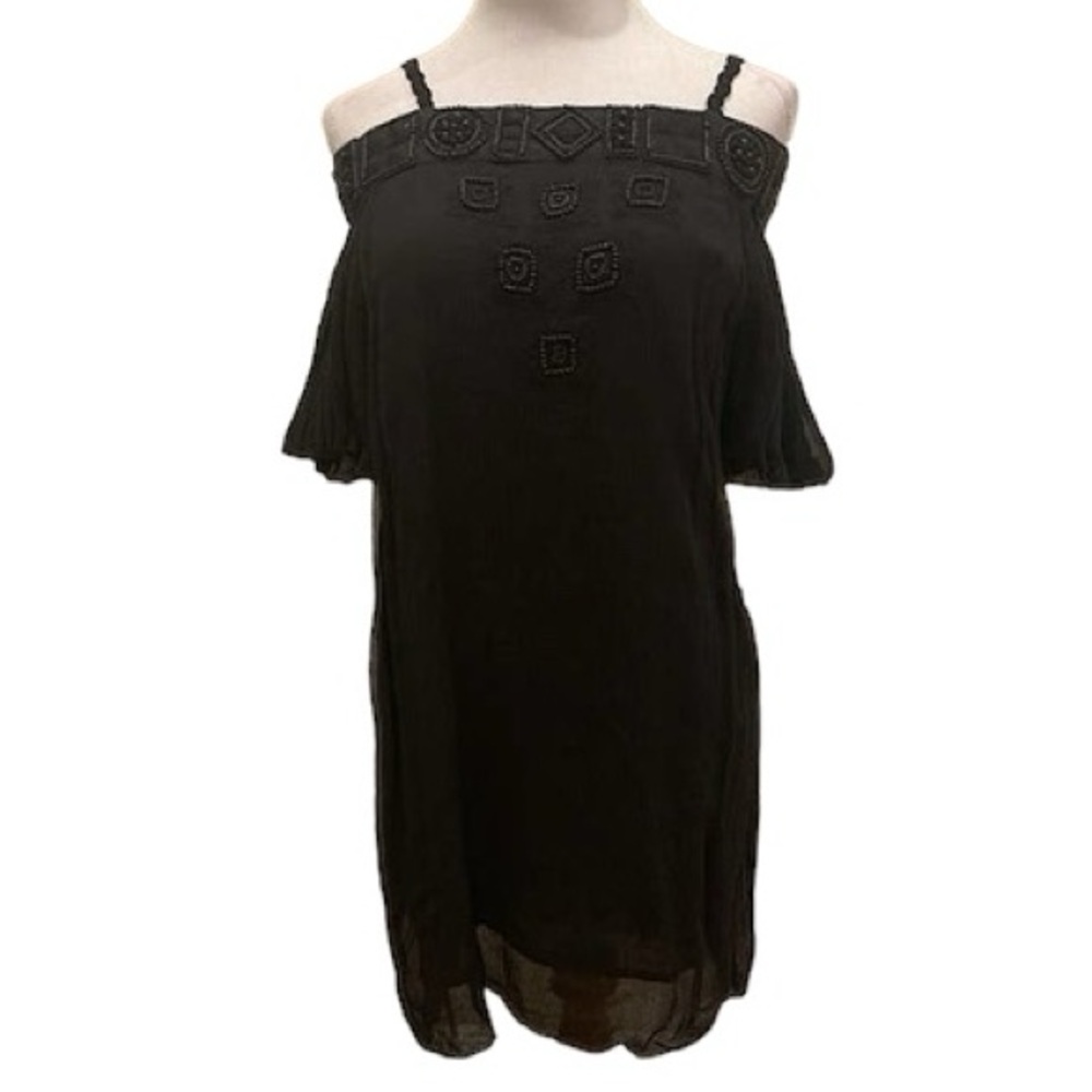 Gold Hawk Silk Square Applique Dress Beaded Black. Size Small